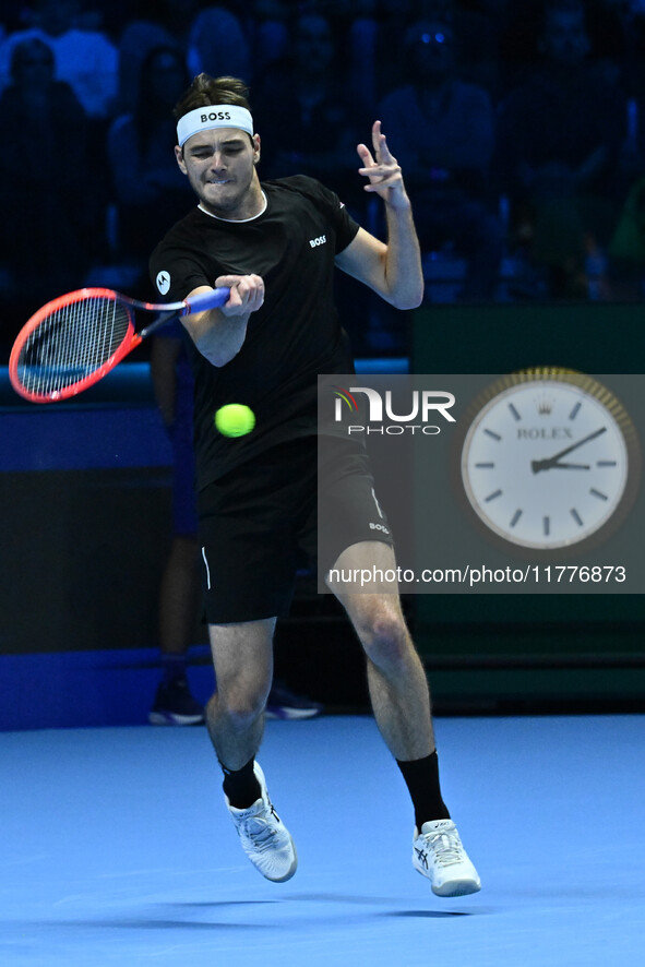 Taylor Fritz (USA) competes against Alex de Minaur (AUS) during day five of the Nitto ATP Finals 2024 at Inalpi Arena in Turin, Italy, on No...