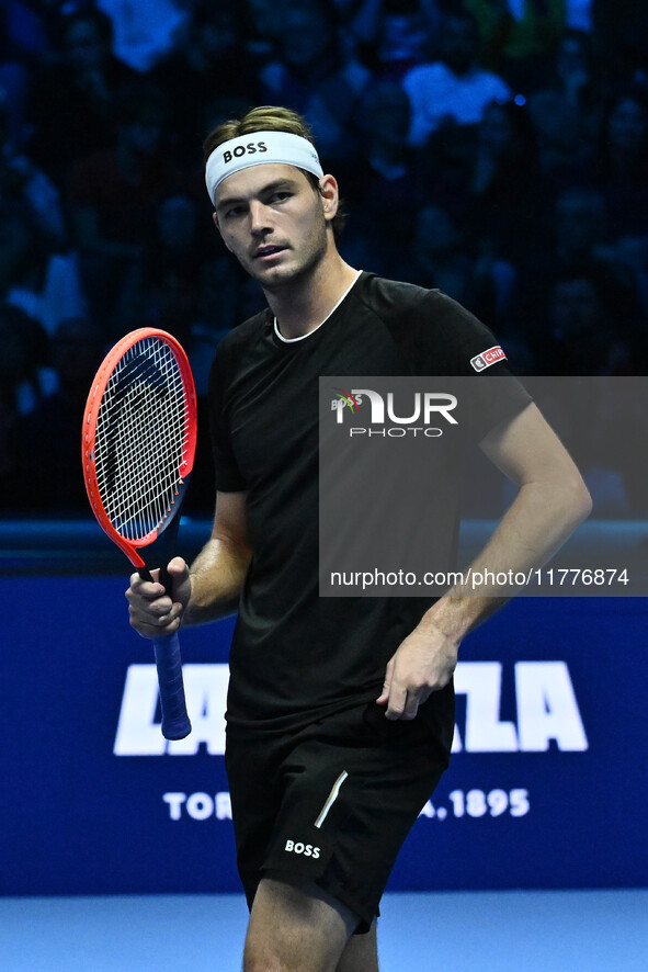 Taylor Fritz (USA) competes against Alex de Minaur (AUS) during day five of the Nitto ATP Finals 2024 at Inalpi Arena in Turin, Italy, on No...