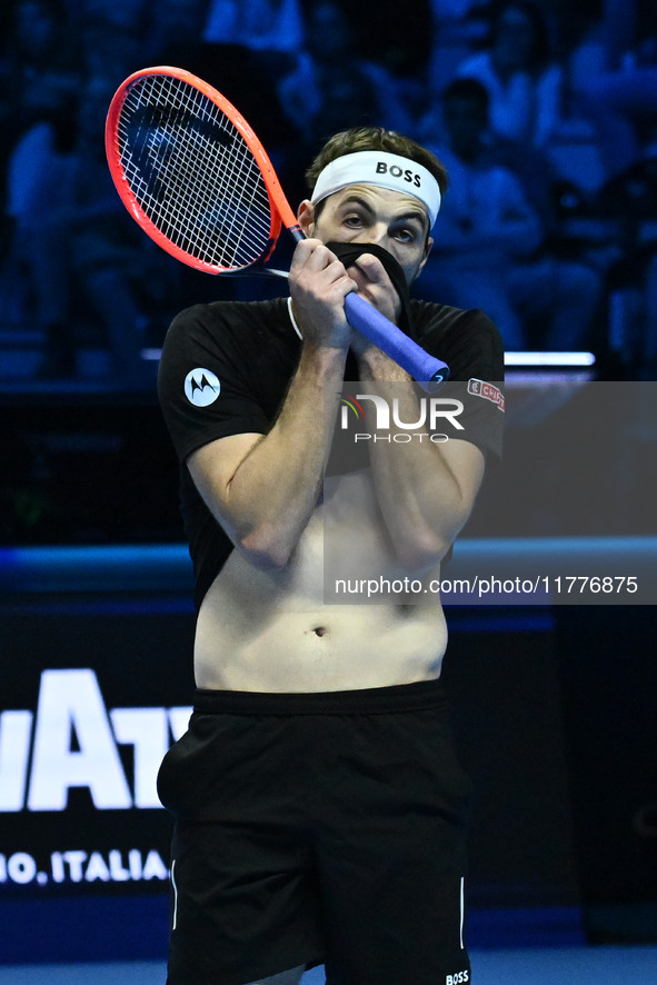 Taylor Fritz (USA) competes against Alex de Minaur (AUS) during day five of the Nitto ATP Finals 2024 at Inalpi Arena in Turin, Italy, on No...