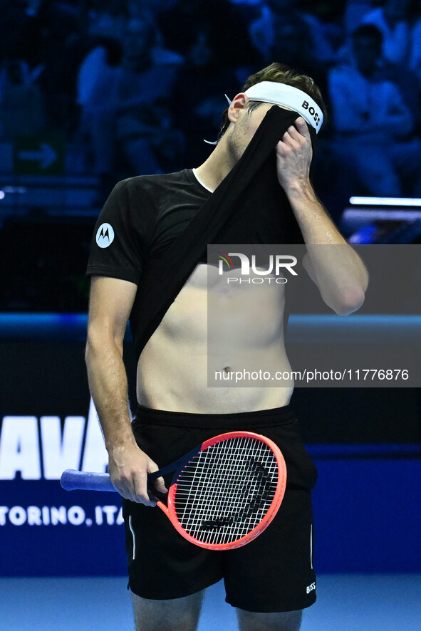 Taylor Fritz (USA) competes against Alex de Minaur (AUS) during day five of the Nitto ATP Finals 2024 at Inalpi Arena in Turin, Italy, on No...