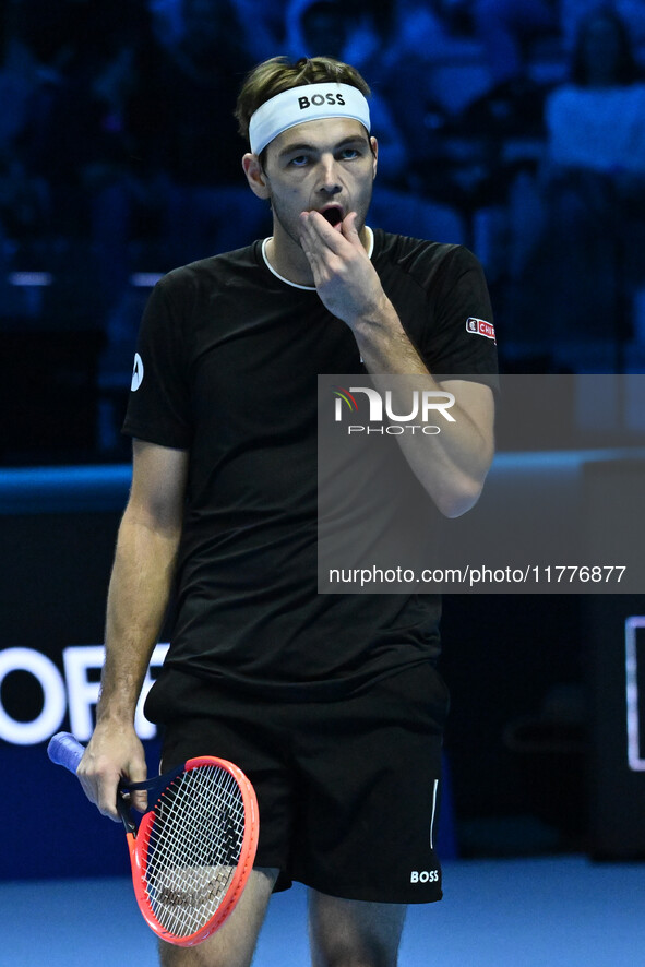 Taylor Fritz (USA) competes against Alex de Minaur (AUS) during day five of the Nitto ATP Finals 2024 at Inalpi Arena in Turin, Italy, on No...