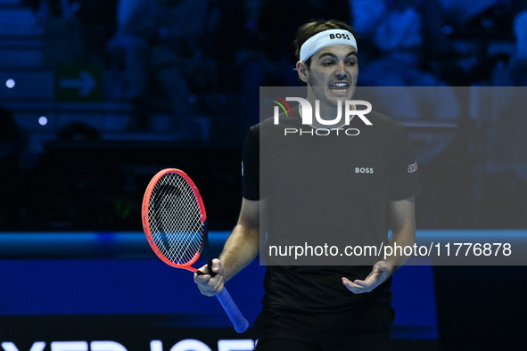 Taylor Fritz (USA) competes against Alex de Minaur (AUS) during day five of the Nitto ATP Finals 2024 at Inalpi Arena in Turin, Italy, on No...