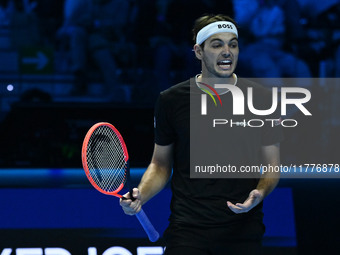 Taylor Fritz (USA) competes against Alex de Minaur (AUS) during day five of the Nitto ATP Finals 2024 at Inalpi Arena in Turin, Italy, on No...