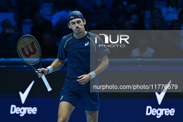 Alex de Minaur (AUS) competes against Taylor Fritz (USA) during day five of the Nitto ATP finals 2024 at Inalpi Arena in Turin, Italy, on No...