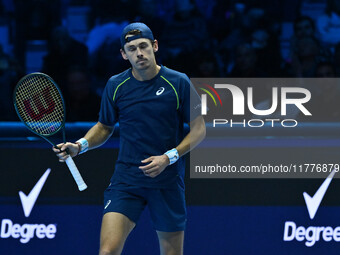 Alex de Minaur (AUS) competes against Taylor Fritz (USA) during day five of the Nitto ATP finals 2024 at Inalpi Arena in Turin, Italy, on No...