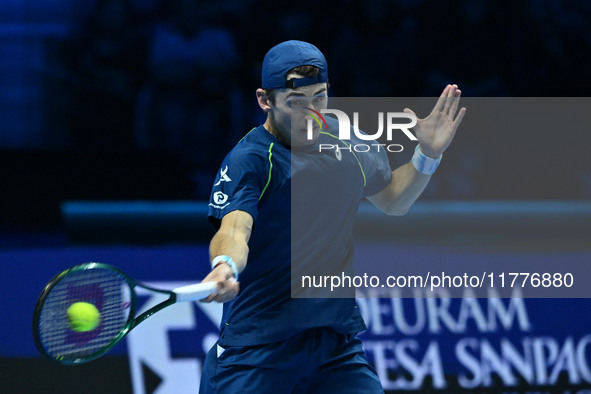 Alex de Minaur (AUS) competes against Taylor Fritz (USA) during day five of the Nitto ATP finals 2024 at Inalpi Arena in Turin, Italy, on No...