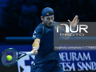 Alex de Minaur (AUS) competes against Taylor Fritz (USA) during day five of the Nitto ATP finals 2024 at Inalpi Arena in Turin, Italy, on No...