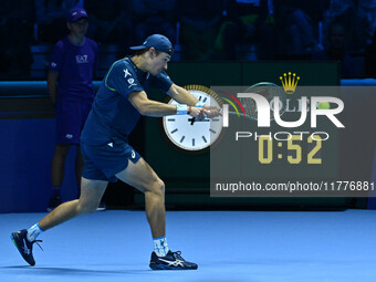 Alex de Minaur (AUS) competes against Taylor Fritz (USA) during day five of the Nitto ATP finals 2024 at Inalpi Arena in Turin, Italy, on No...