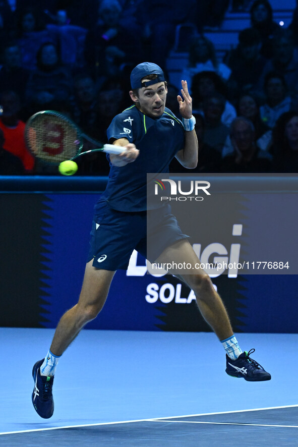 Alex de Minaur (AUS) competes against Taylor Fritz (USA) during day five of the Nitto ATP finals 2024 at Inalpi Arena in Turin, Italy, on No...