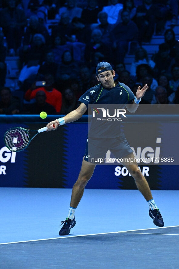 Alex de Minaur (AUS) competes against Taylor Fritz (USA) during day five of the Nitto ATP finals 2024 at Inalpi Arena in Turin, Italy, on No...