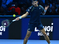 Alex de Minaur (AUS) competes against Taylor Fritz (USA) during day five of the Nitto ATP finals 2024 at Inalpi Arena in Turin, Italy, on No...