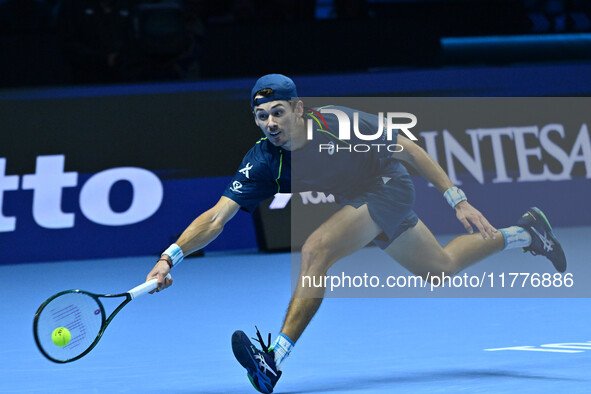 Alex de Minaur (AUS) competes against Taylor Fritz (USA) during day five of the Nitto ATP finals 2024 at Inalpi Arena in Turin, Italy, on No...