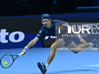 Alex de Minaur (AUS) competes against Taylor Fritz (USA) during day five of the Nitto ATP finals 2024 at Inalpi Arena in Turin, Italy, on No...