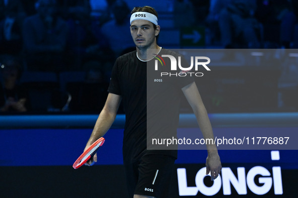 Taylor Fritz (USA) competes against Alex de Minaur (AUS) during day five of the Nitto ATP Finals 2024 at Inalpi Arena in Turin, Italy, on No...