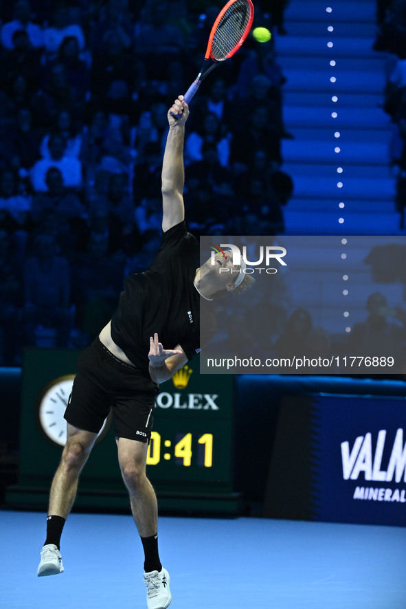 Taylor Fritz (USA) competes against Alex de Minaur (AUS) during day five of the Nitto ATP Finals 2024 at Inalpi Arena in Turin, Italy, on No...