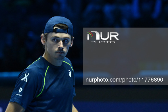 Alex de Minaur (AUS) competes against Taylor Fritz (USA) during day five of the Nitto ATP finals 2024 at Inalpi Arena in Turin, Italy, on No...