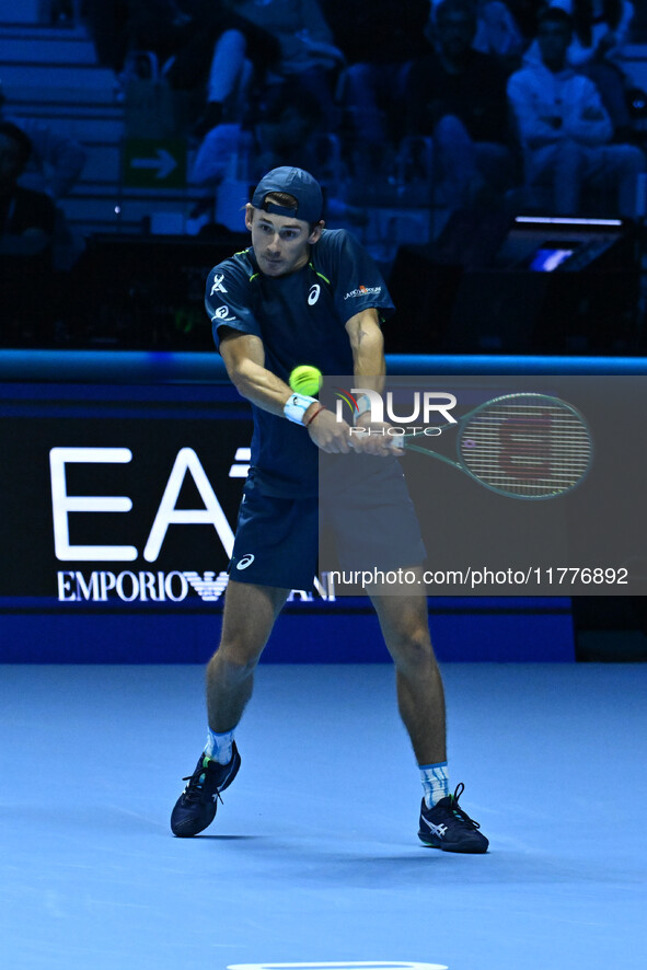 Alex de Minaur (AUS) competes against Taylor Fritz (USA) during day five of the Nitto ATP finals 2024 at Inalpi Arena in Turin, Italy, on No...