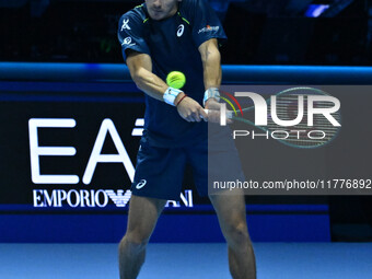 Alex de Minaur (AUS) competes against Taylor Fritz (USA) during day five of the Nitto ATP finals 2024 at Inalpi Arena in Turin, Italy, on No...