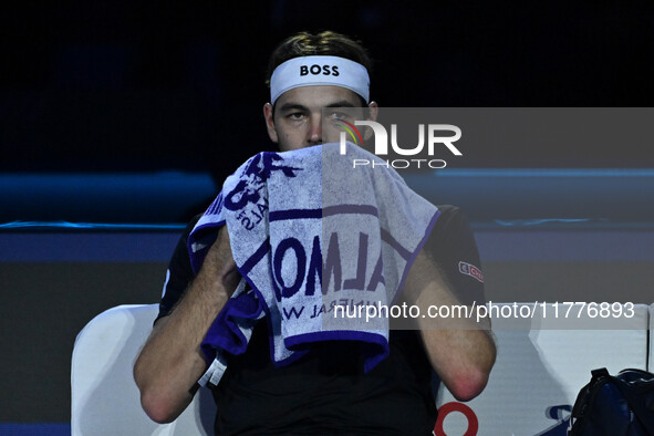 Taylor Fritz (USA) competes against Alex de Minaur (AUS) during day five of the Nitto ATP Finals 2024 at Inalpi Arena in Turin, Italy, on No...