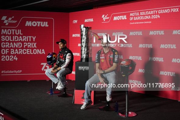 Jorge Martin (L) of Spain and Prima Pramac Racing Ducati and Francesco Pecco Bagnaia (R) of Italy and Ducati Lenovo Team during the press co...