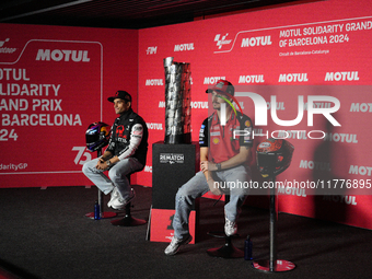 Jorge Martin (L) of Spain and Prima Pramac Racing Ducati and Francesco Pecco Bagnaia (R) of Italy and Ducati Lenovo Team during the press co...