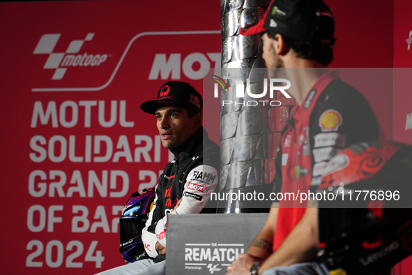 Jorge Martin (L) of Spain and Prima Pramac Racing Ducati and Francesco Pecco Bagnaia (R) of Italy and Ducati Lenovo Team during the press co...