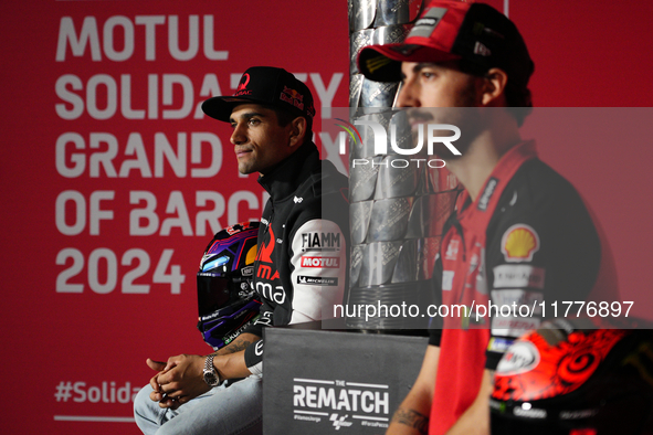 Jorge Martin (L) of Spain and Prima Pramac Racing Ducati and Francesco Pecco Bagnaia (R) of Italy and Ducati Lenovo Team during the press co...