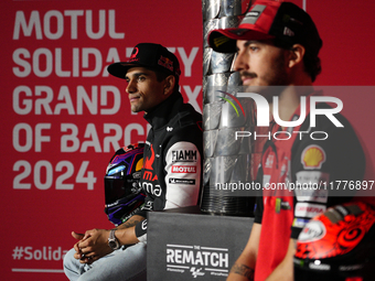 Jorge Martin (L) of Spain and Prima Pramac Racing Ducati and Francesco Pecco Bagnaia (R) of Italy and Ducati Lenovo Team during the press co...