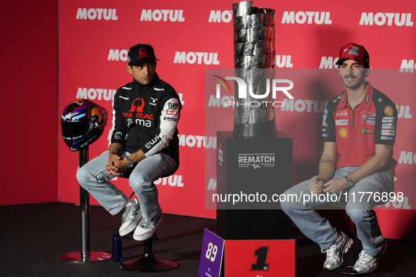 Jorge Martin (L) of Spain and Prima Pramac Racing Ducati and Francesco Pecco Bagnaia (R) of Italy and Ducati Lenovo Team during the press co...