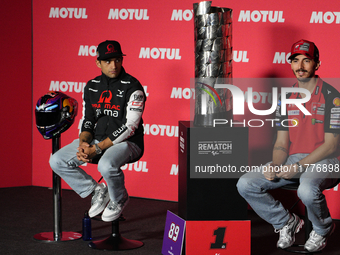 Jorge Martin (L) of Spain and Prima Pramac Racing Ducati and Francesco Pecco Bagnaia (R) of Italy and Ducati Lenovo Team during the press co...