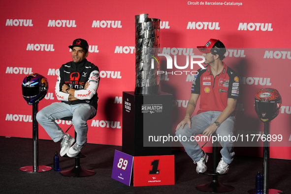 Jorge Martin (L) of Spain and Prima Pramac Racing Ducati and Francesco Pecco Bagnaia (R) of Italy and Ducati Lenovo Team during the press co...