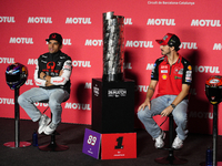 Jorge Martin (L) of Spain and Prima Pramac Racing Ducati and Francesco Pecco Bagnaia (R) of Italy and Ducati Lenovo Team during the press co...