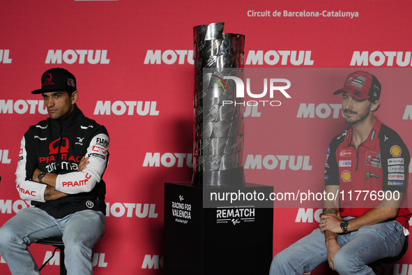 Jorge Martin (L) of Spain and Prima Pramac Racing Ducati and Francesco Pecco Bagnaia (R) of Italy and Ducati Lenovo Team during the press co...