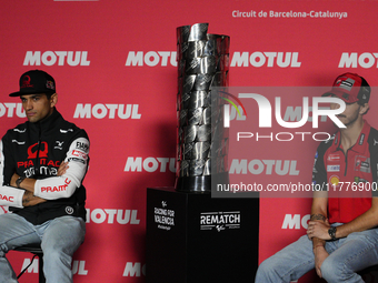 Jorge Martin (L) of Spain and Prima Pramac Racing Ducati and Francesco Pecco Bagnaia (R) of Italy and Ducati Lenovo Team during the press co...