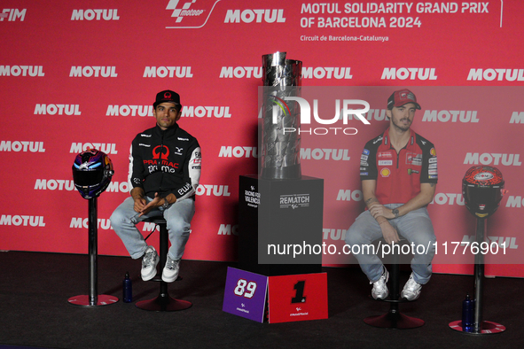 Jorge Martin (L) of Spain and Prima Pramac Racing Ducati and Francesco Pecco Bagnaia (R) of Italy and Ducati Lenovo Team during the press co...