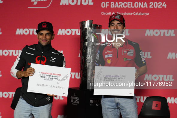 Jorge Martin (L) of Spain and Prima Pramac Racing Ducati and Francesco Pecco Bagnaia (R) of Italy and Ducati Lenovo Team during the press co...