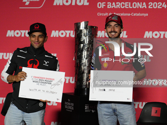 Jorge Martin (L) of Spain and Prima Pramac Racing Ducati and Francesco Pecco Bagnaia (R) of Italy and Ducati Lenovo Team during the press co...