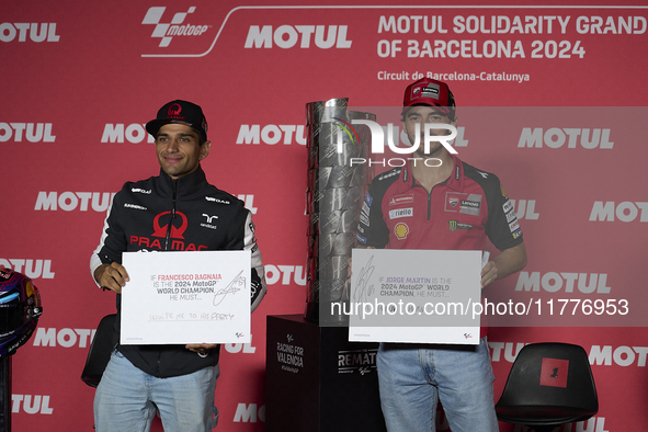 Jorge Martin (L) of Spain and Prima Pramac Racing Ducati and Francesco Pecco Bagnaia (R) of Italy and Ducati Lenovo Team during the press co...