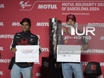 Jorge Martin (L) of Spain and Prima Pramac Racing Ducati and Francesco Pecco Bagnaia (R) of Italy and Ducati Lenovo Team during the press co...