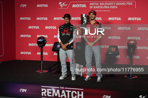 Jorge Martin (L) of Spain and Prima Pramac Racing Ducati and Francesco Pecco Bagnaia (R) of Italy and Ducati Lenovo Team during the press co...