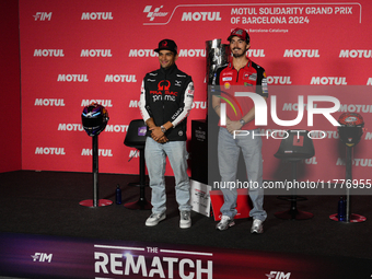 Jorge Martin (L) of Spain and Prima Pramac Racing Ducati and Francesco Pecco Bagnaia (R) of Italy and Ducati Lenovo Team during the press co...