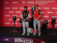 Jorge Martin (L) of Spain and Prima Pramac Racing Ducati and Francesco Pecco Bagnaia (R) of Italy and Ducati Lenovo Team during the press co...