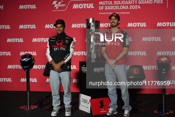 Jorge Martin (L) of Spain and Prima Pramac Racing Ducati and Francesco Pecco Bagnaia (R) of Italy and Ducati Lenovo Team during the press co...