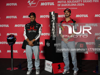 Jorge Martin (L) of Spain and Prima Pramac Racing Ducati and Francesco Pecco Bagnaia (R) of Italy and Ducati Lenovo Team during the press co...