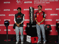 Jorge Martin (L) of Spain and Prima Pramac Racing Ducati and Francesco Pecco Bagnaia (R) of Italy and Ducati Lenovo Team during the press co...