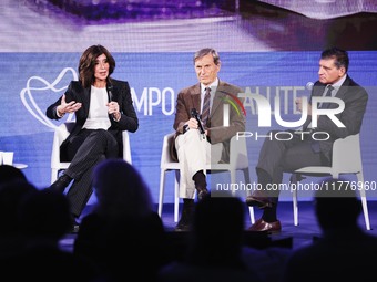 Minister Anna Maria Bernini, Alberto Mantovani, and Sergio Harari attend the Il Tempo Della Salute event at Palazzo Giureconsulti in Milan,...