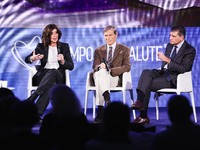 Minister Anna Maria Bernini, Alberto Mantovani, and Sergio Harari attend the Il Tempo Della Salute event at Palazzo Giureconsulti in Milan,...