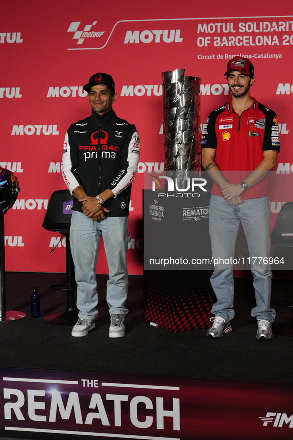 Jorge Martin (L) of Spain and Prima Pramac Racing Ducati and Francesco Pecco Bagnaia (R) of Italy and Ducati Lenovo Team during the press co...