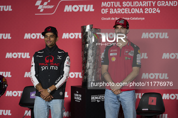 Jorge Martin (L) of Spain and Prima Pramac Racing Ducati and Francesco Pecco Bagnaia (R) of Italy and Ducati Lenovo Team during the press co...