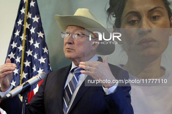 U.S. Ambassador to Mexico Ken Salazar speaks during a briefing where he reiterates his support for the Government of Mexico in cooperating i...